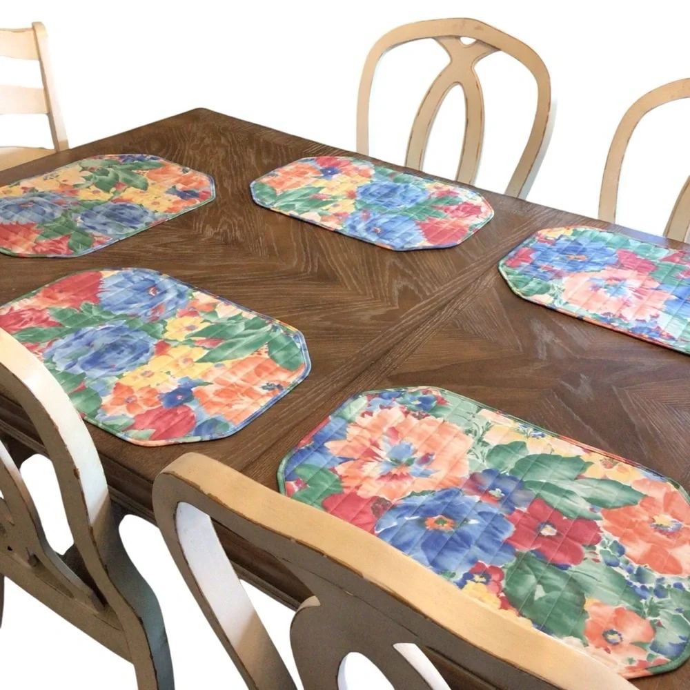 Vintage 80s Reversible Floral Plaid Placemats Set of 8 Quilted Cottagecore